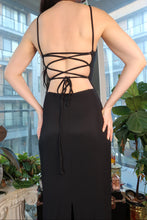Load image into Gallery viewer, Vintage 2000s City Triangles Black Spaghetti Strap Maxi Dress with Lace-Up Corset Back
