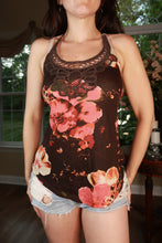 Load image into Gallery viewer, Vintage Y2K brown floral crochet halter tank top for women by Elektra Vintage, showing detailed floral crochet pattern.
