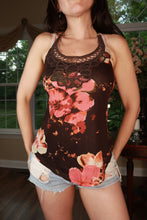 Load image into Gallery viewer, Elektra Vintage women's brown floral crochet halter tank top with vintage Y2K style and intricate floral details.
