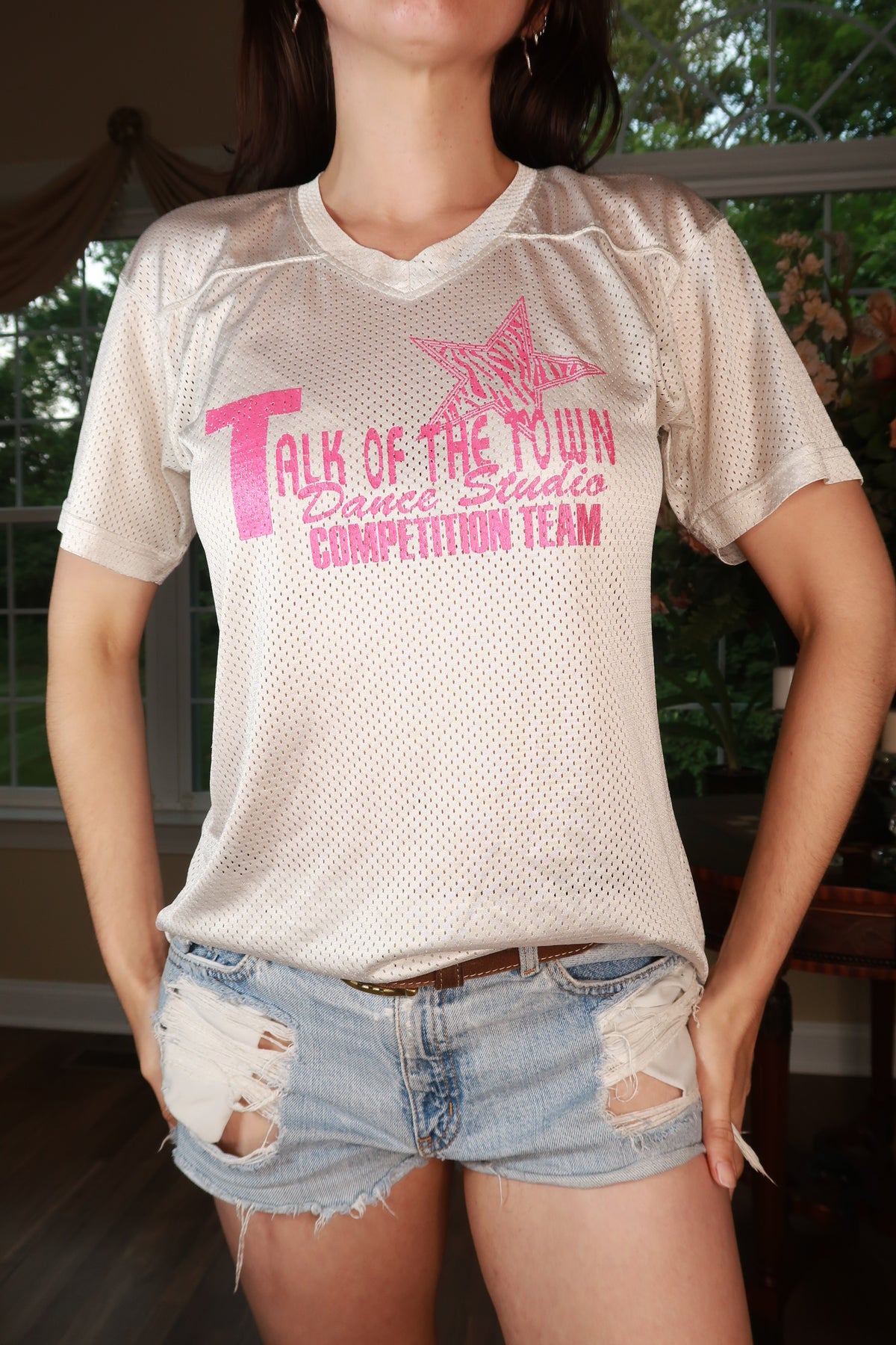 Elektra Vintage women's Y2K dance team mesh graphic jersey tee with bold print and sporty style, ideal for vintage fashion.