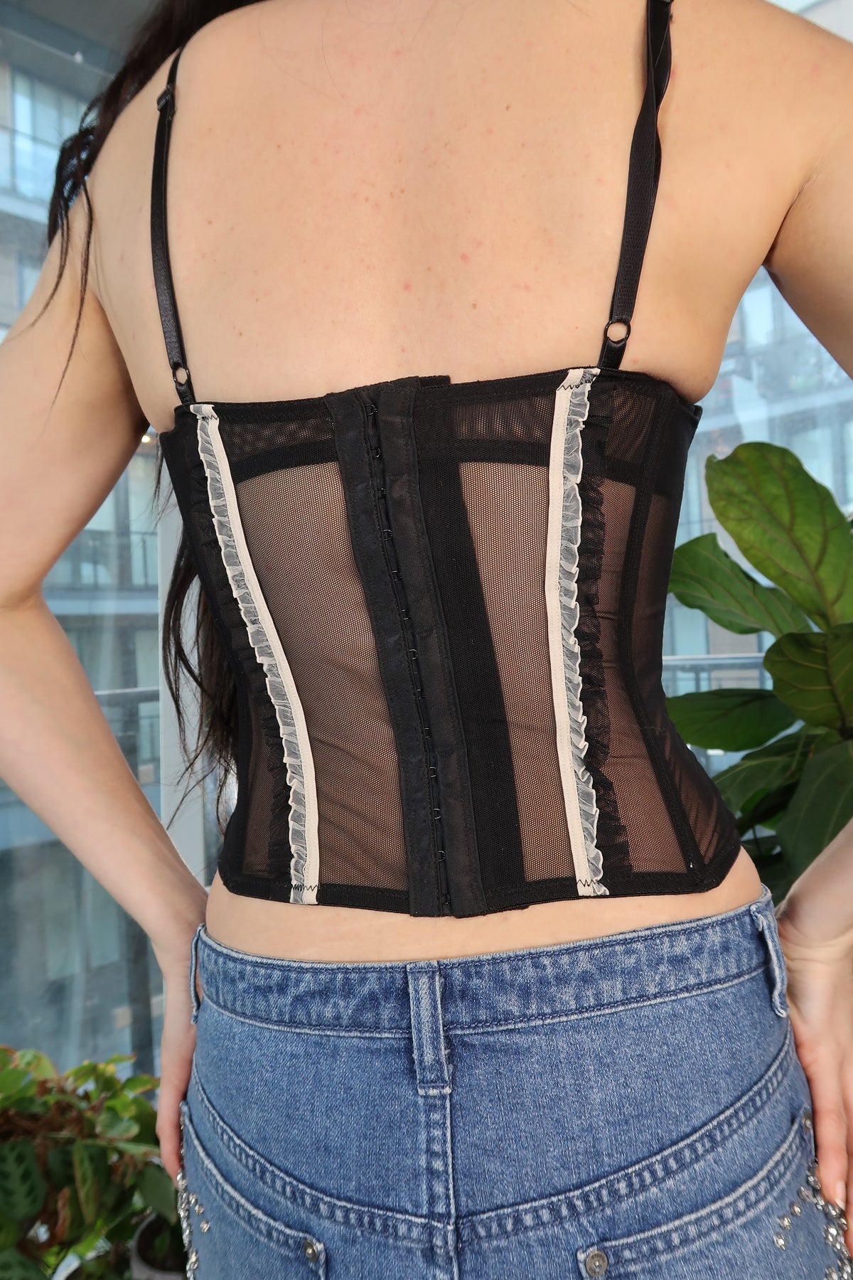 Elektra Vintage 2000s sheer mesh lace corset bustier top for women, showcasing intricate lace details and fitted design.