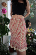 Vintage 2000s Express Fitted Red Floral Midi Skirt with Lace Trim - Elektra Vintage