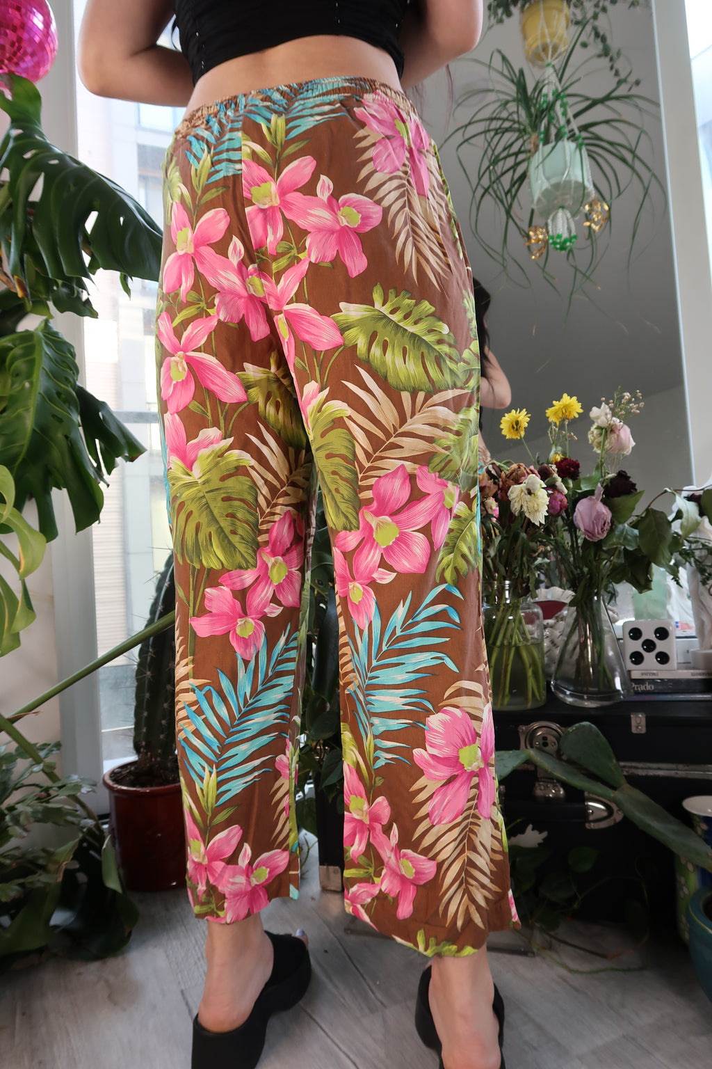 Vintage Elektra Women's 100% silk cropped tropical patterned drawstring trousers, showcasing vibrant fabric and relaxed fit.