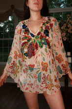Load image into Gallery viewer, Vintage Elektra Women's Y2K floral sequin bell sleeve tunic top, embellished with colorful floral patterns and playful bell sleeves.
