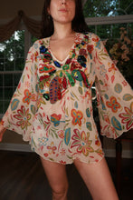 Load image into Gallery viewer, Elektra Vintage women's Y2K floral sequined bell sleeve tunic top with vibrant embroidery and vintage-inspired design.

