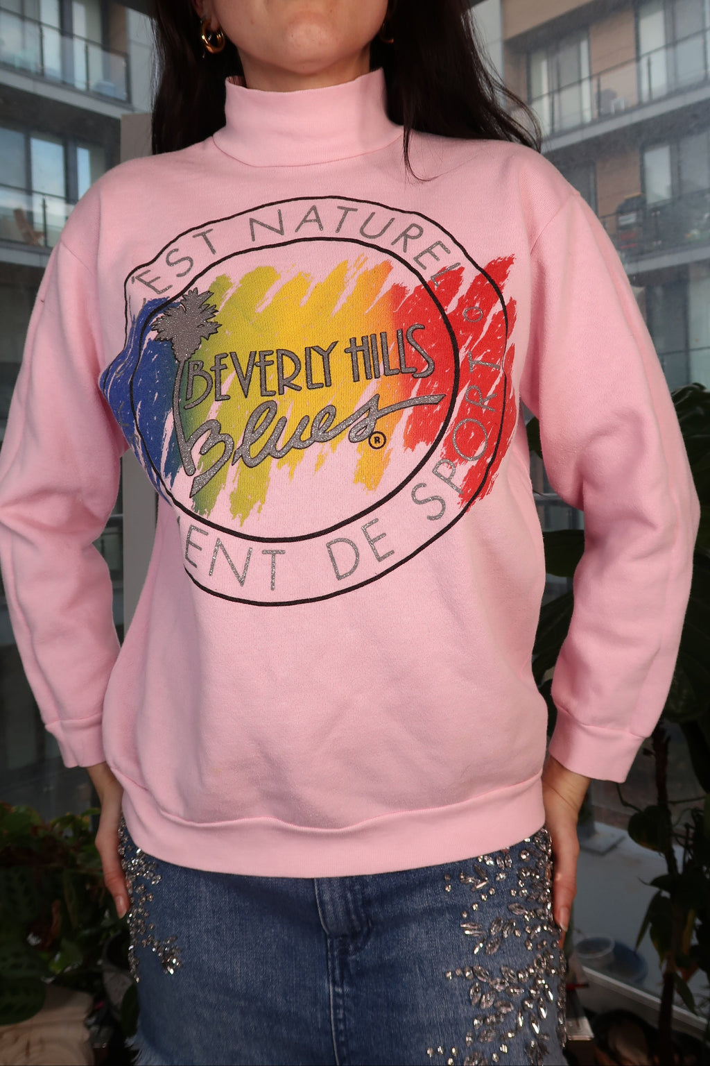 Vintage 1980s Beverly Hills Blues graphic sweatshirt for women by Elektra Vintage, featuring colorful retro design.