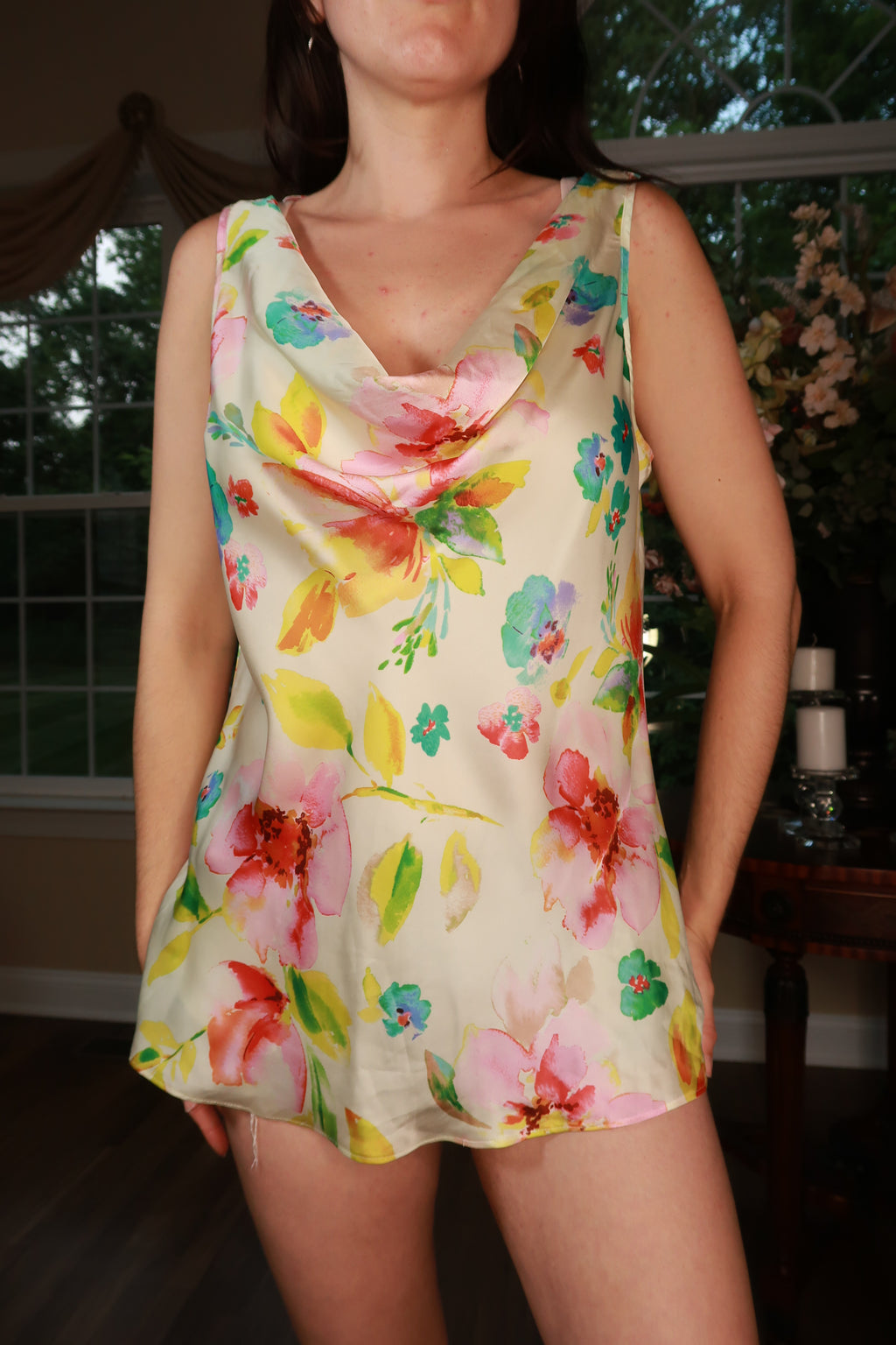 Elektra Vintage women's sleeveless blouse with vintage floral pattern and cowl neck, casual top perfect for warm weather.