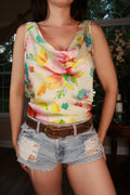 Elektra Vintage women's sleeveless blouse with vintage floral pattern and cowl neck, stylish and lightweight top for casual wear.