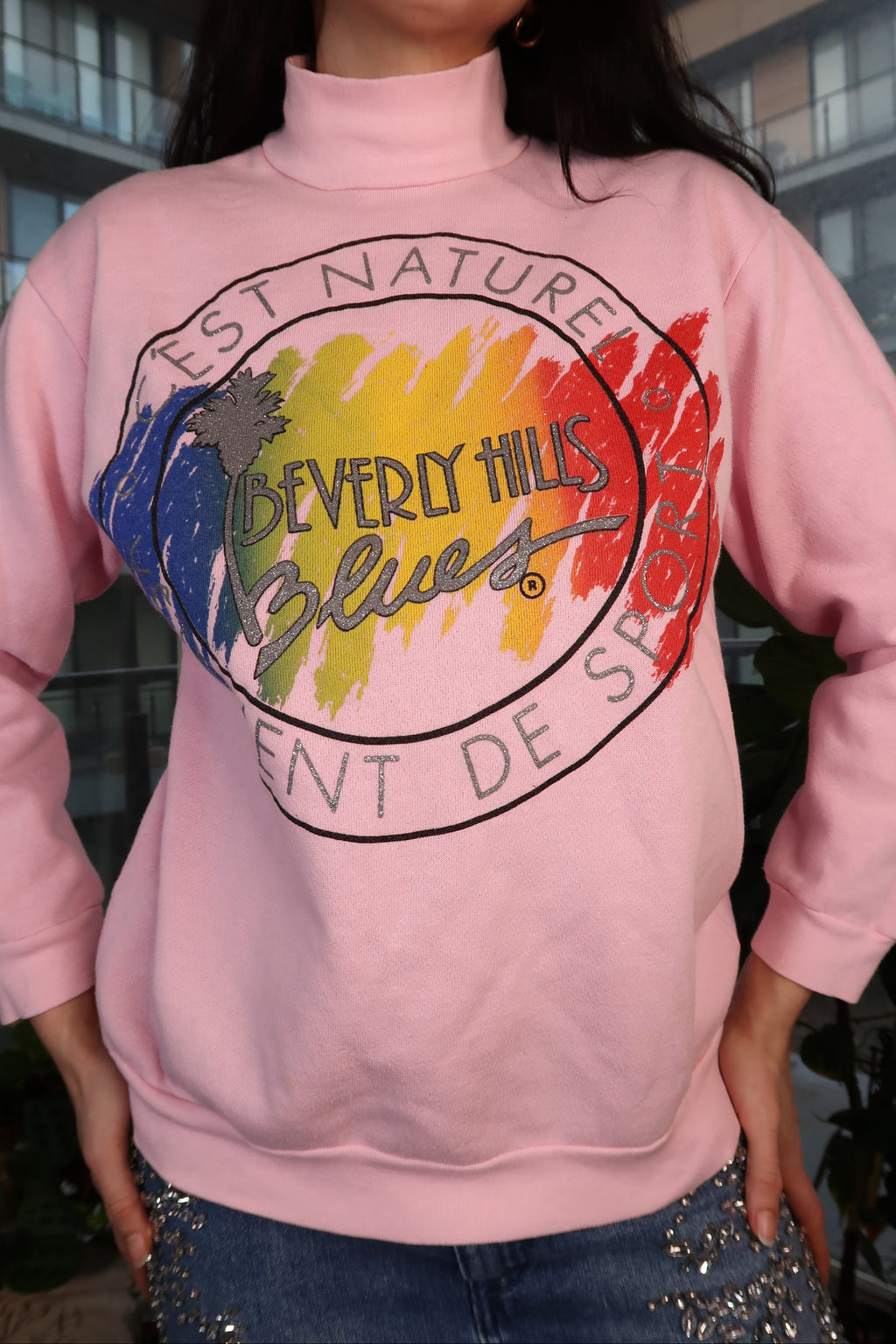 Vintage 1980s Beverly Hills Blues graphic sweatshirt for women by Elektra Vintage, featuring bold blue and white retro design.