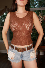 Load image into Gallery viewer, Vintage Y2K brown sheer floral lace sleeveless women's top by Elektra Vintage, featuring intricate lace details and a sleeveless design.
