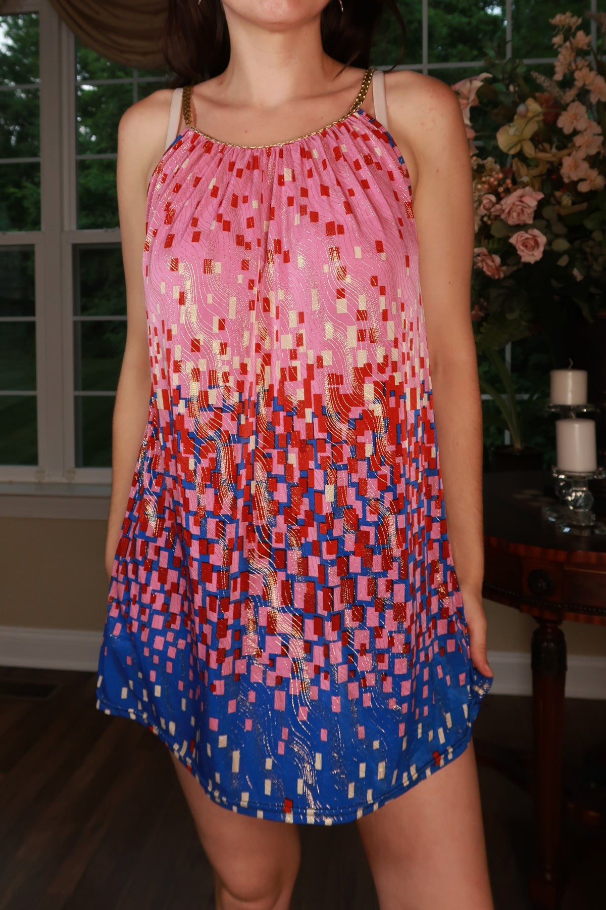 Vintage Elektra Pink Abstract Braided Strap Swing Dress, women's top with Y2K-inspired design and colorful pattern.