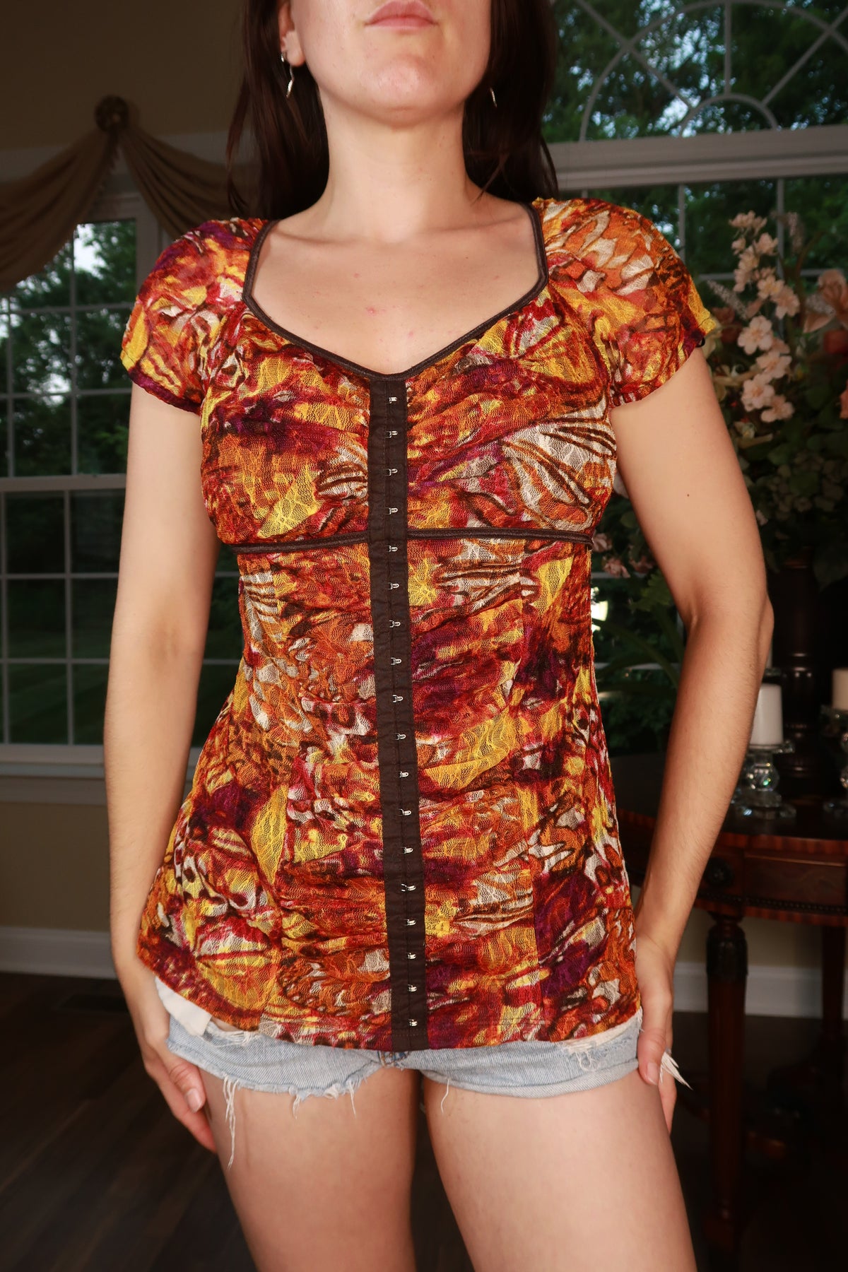 Vintage Y2K abstract ruched hook and eye corset style top for women by Elektra Vintage, shown in the image.