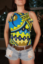 Load image into Gallery viewer, Elektra Vintage women's high neck tank top with vintage Y2K abstract geometric print in vibrant colors.
