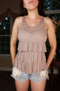 Vintage Y2K Guess taupe crochet ruffle babydoll tank top for women, featuring a feminine and retro design.