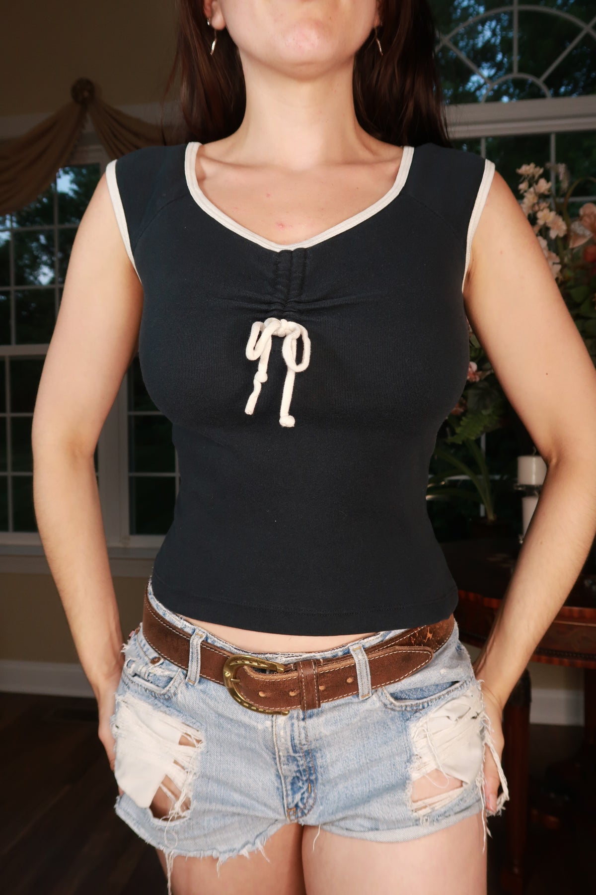 Vintage Y2K Black Contrast Trim Tie Front Stretch Tank Top