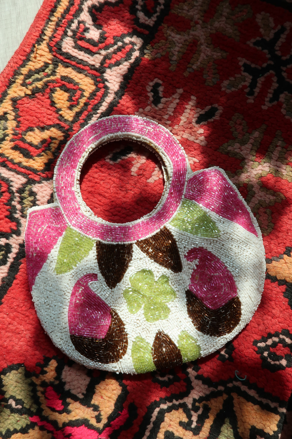 Vintage Beaded Round Handle Bag – Pink & Green Floral Paisley Statement Purse