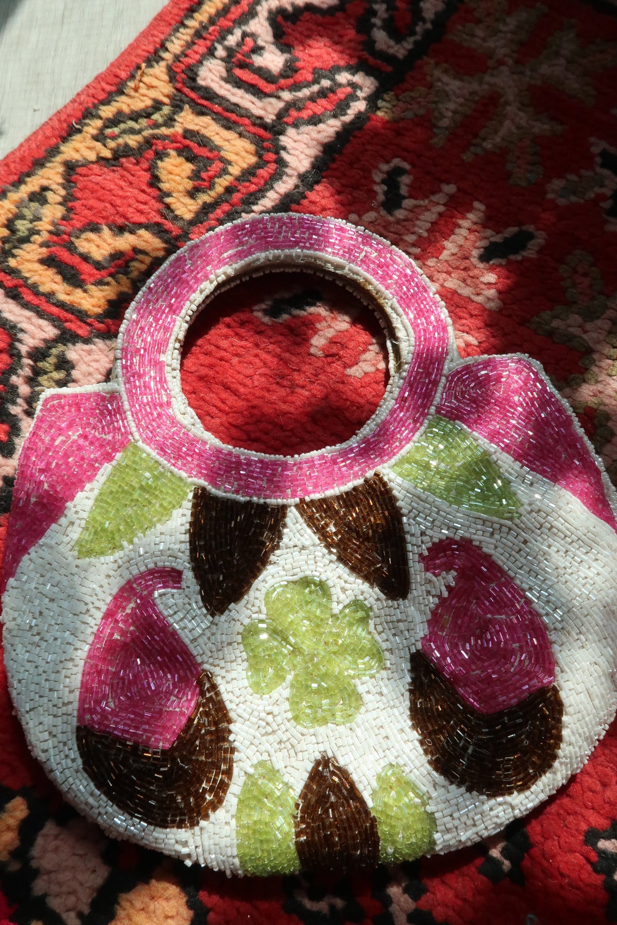 Vintage Beaded Round Handle Bag – Pink & Green Floral Paisley Statement Purse