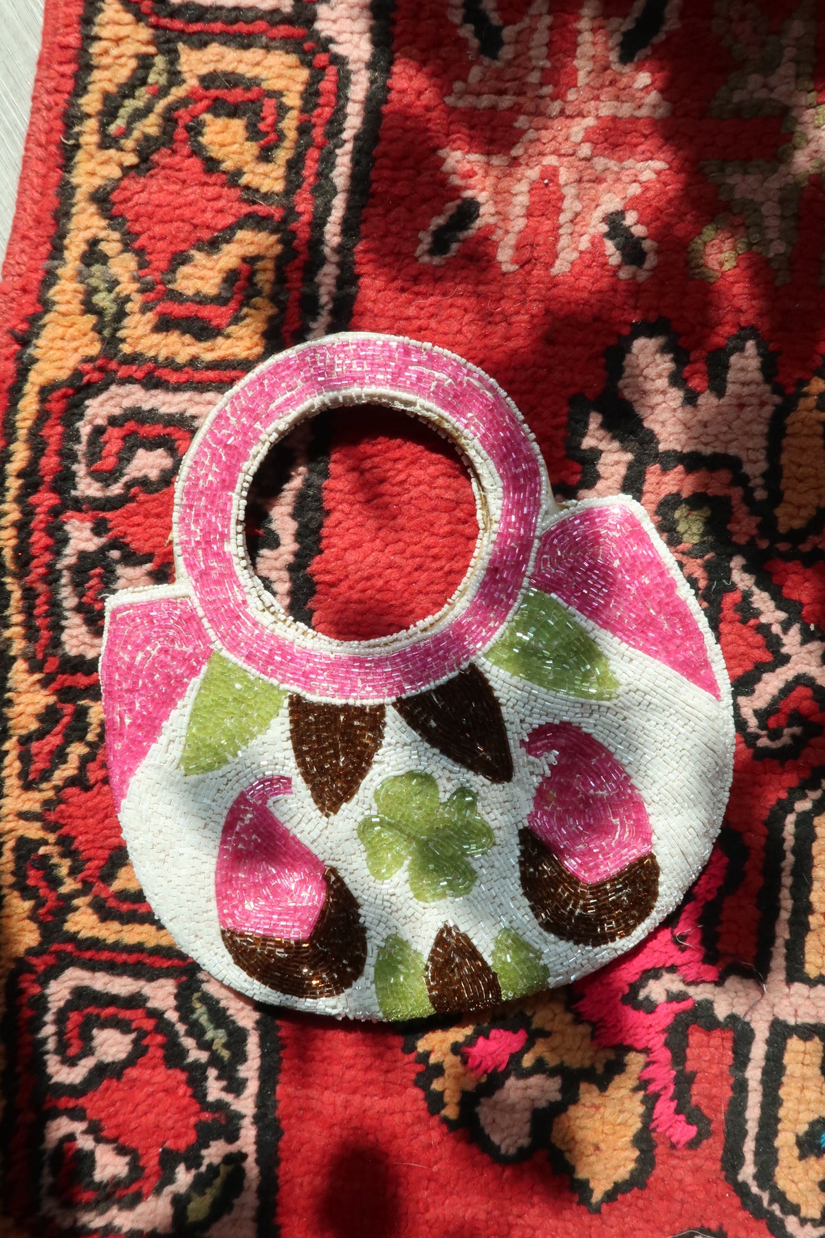 Vintage Beaded Round Handle Bag – Pink & Green Floral Paisley Statement Purse