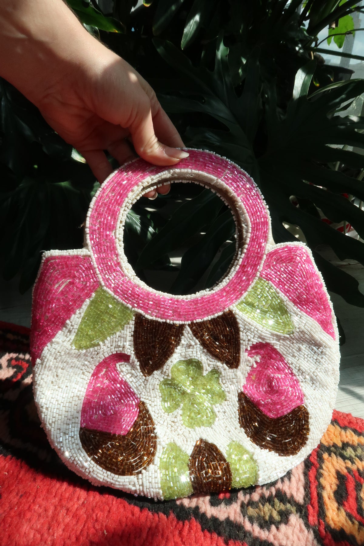 Vintage Beaded Round Handle Bag – Pink & Green Floral Paisley Statement Purse