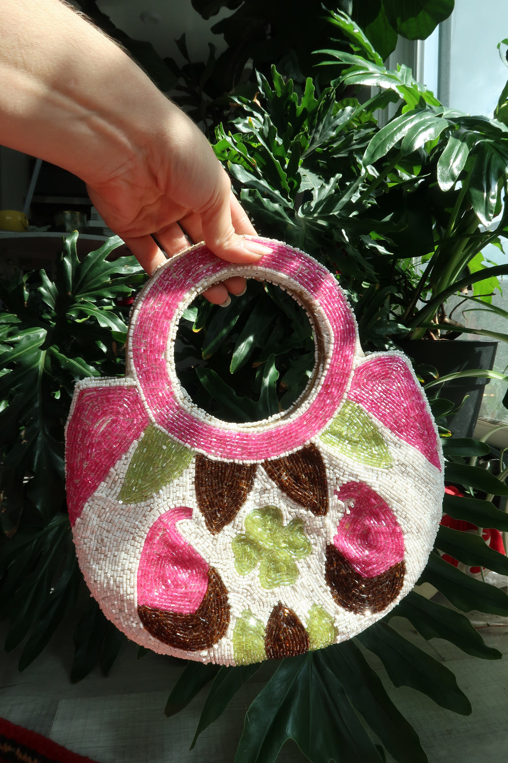 Vintage Beaded Round Handle Bag – Pink & Green Floral Paisley Statement Purse