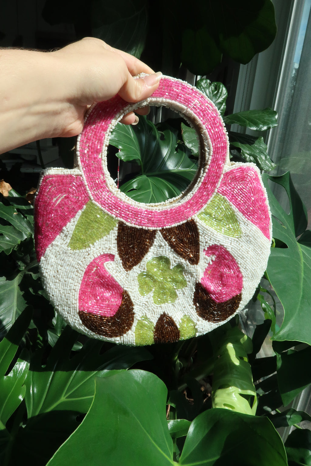 Vintage Beaded Round Handle Bag – Pink & Green Floral Paisley Statement Purse
