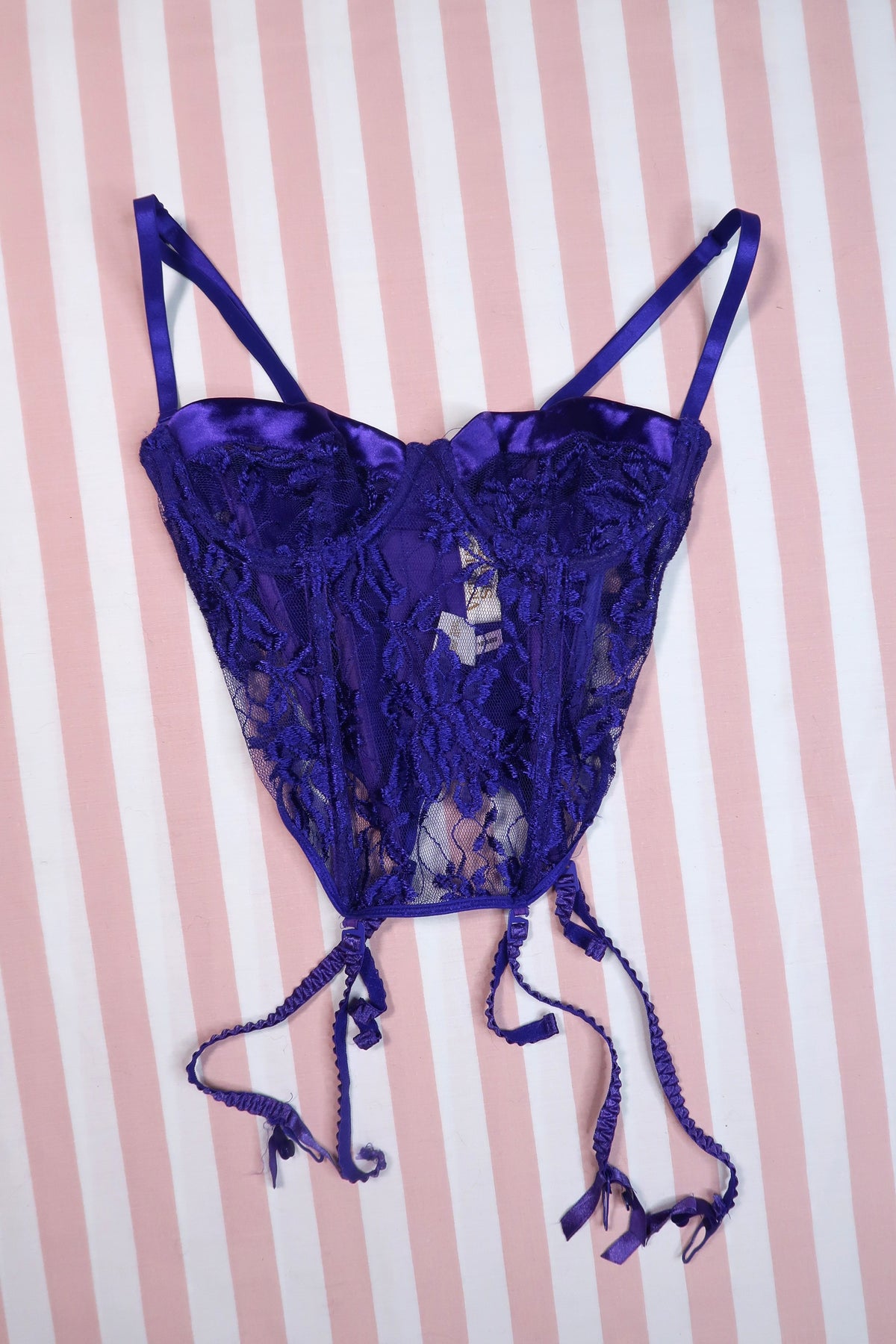Elektra Vintage Victorian-style purple lace bustier corset top with gold accents, women's vintage top with intricate lace detailing.