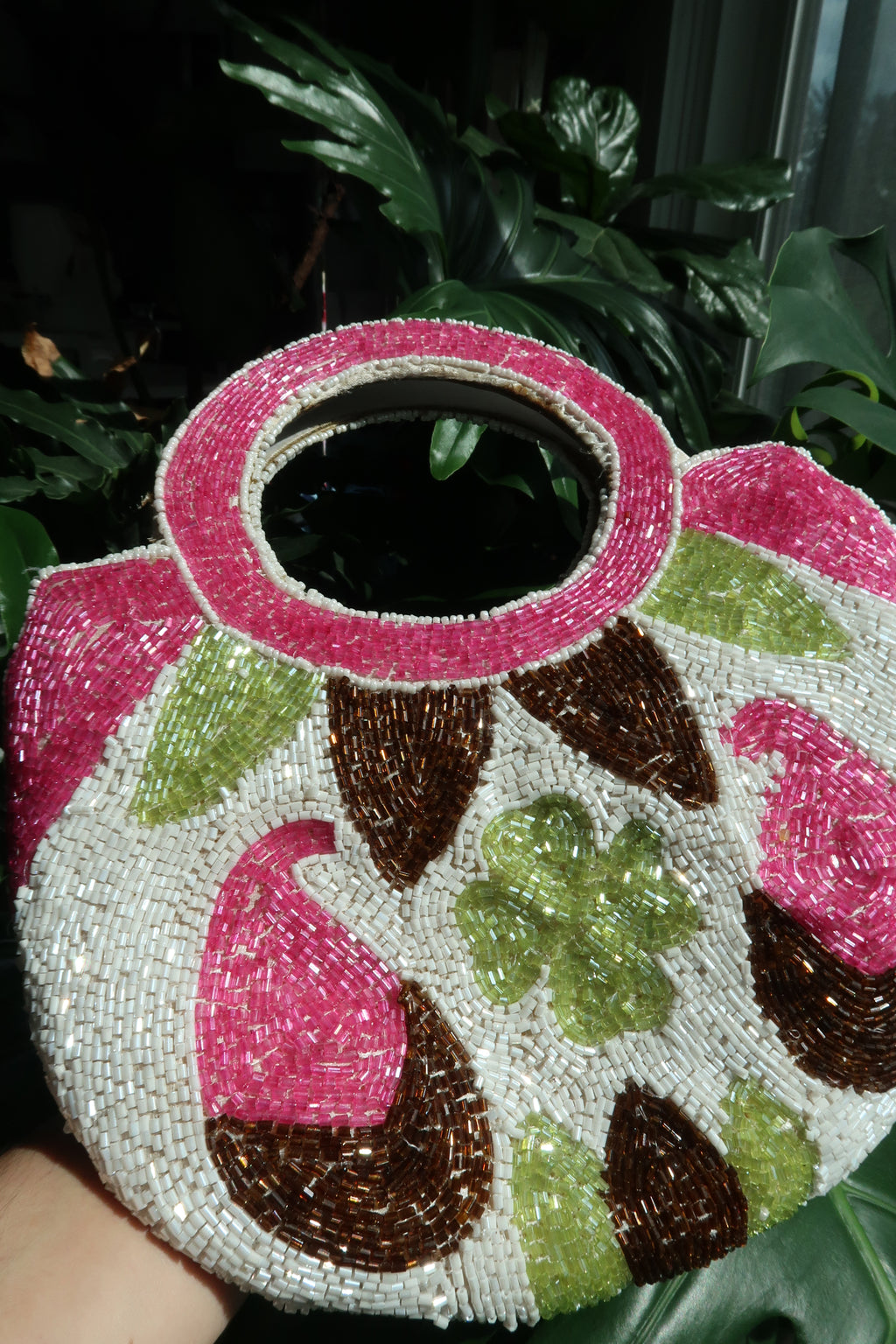 Vintage Beaded Round Handle Bag – Pink & Green Floral Paisley Statement Purse