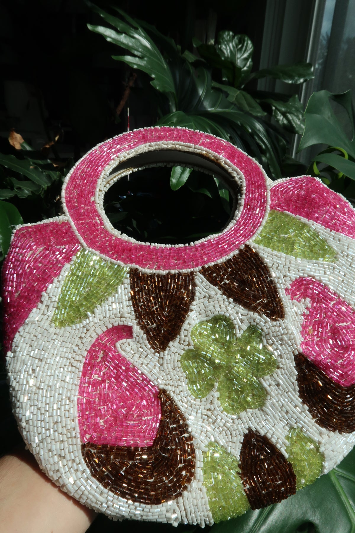 Vintage Beaded Round Handle Bag – Pink & Green Floral Paisley Statement Purse