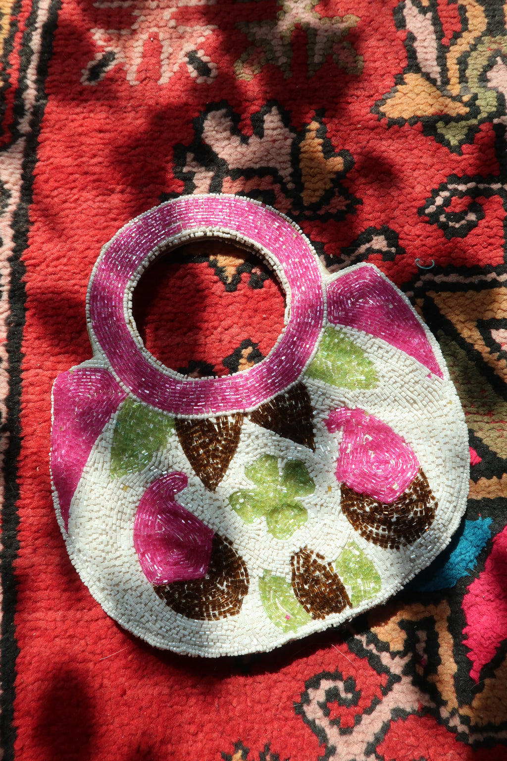 Vintage Beaded Round Handle Bag – Pink & Green Floral Paisley Statement Purse