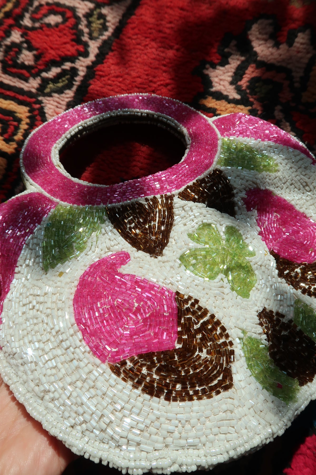Vintage Beaded Round Handle Bag – Pink & Green Floral Paisley Statement Purse