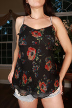 Load image into Gallery viewer, Vintage Ralph Lauren women's silk floral cami top in black, featuring delicate floral details and a stylish, elegant design.
