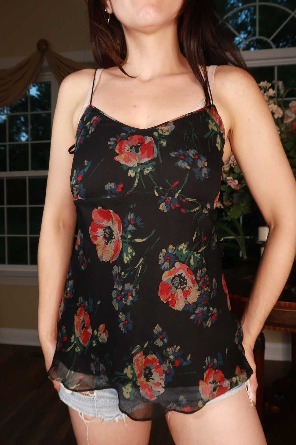 Vintage Ralph Lauren black floral silk cami top for women, featuring elegant design and lightweight fabric.