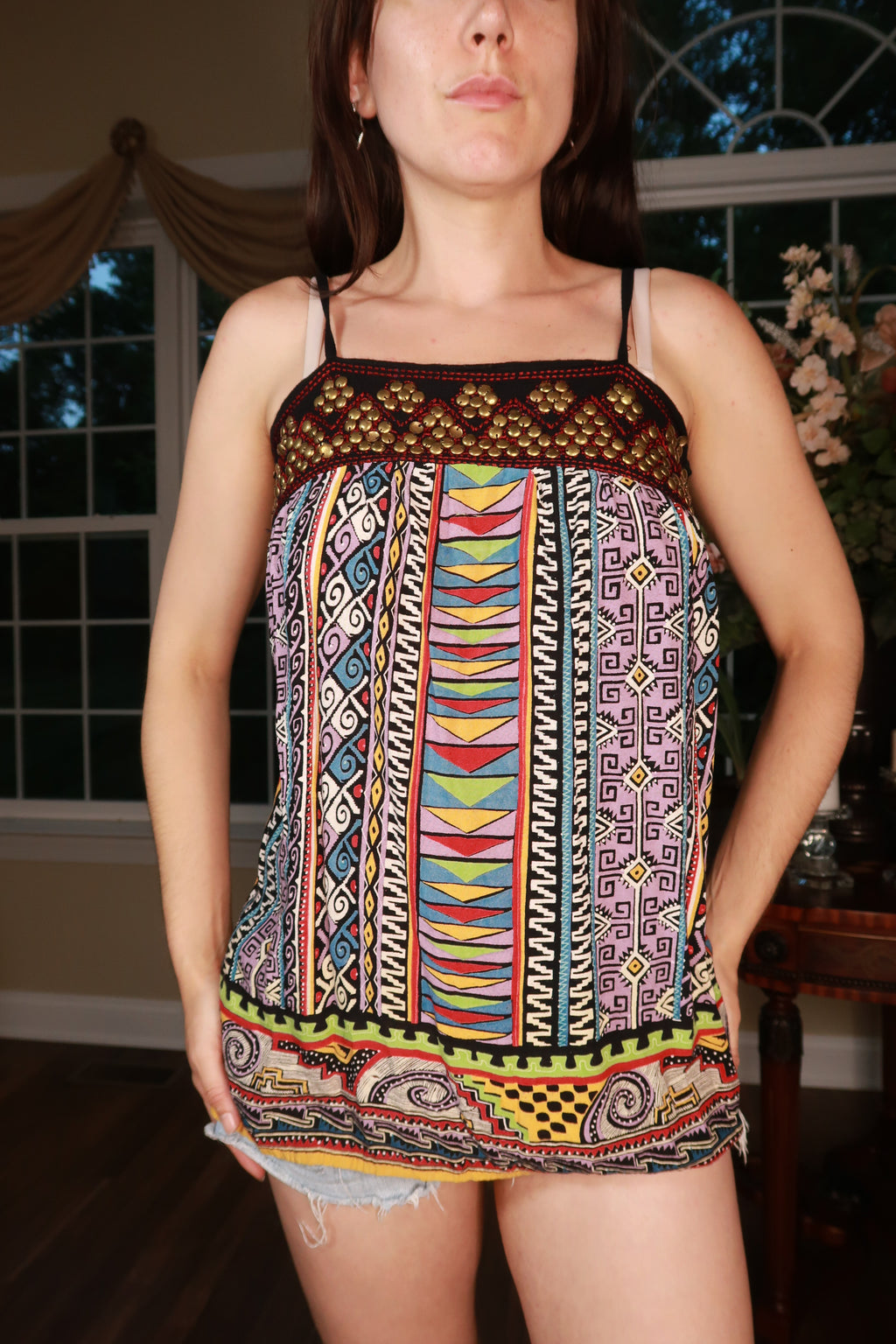 Elektra Vintage women's boho beaded tribal print spaghetti strap tank top with colorful patterns and relaxed fit.