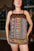 Elektra Vintage women's boho beaded tribal print spaghetti strap tank top with colorful patterns and relaxed fit.