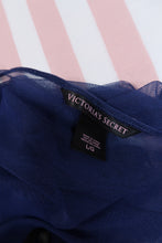 Load image into Gallery viewer, Elektra Vintage Victoria’s Secret navy blue sheer mesh slip dress with spaghetti straps, babydoll lingerie style, on a hanger.
