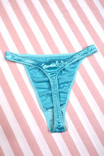 Load image into Gallery viewer, Vintage 2000s Victoria’s Secret Aqua Blue Embroidered Floral Garter Belt with Matching Satin Thong Two-Piece Lingerie Set
