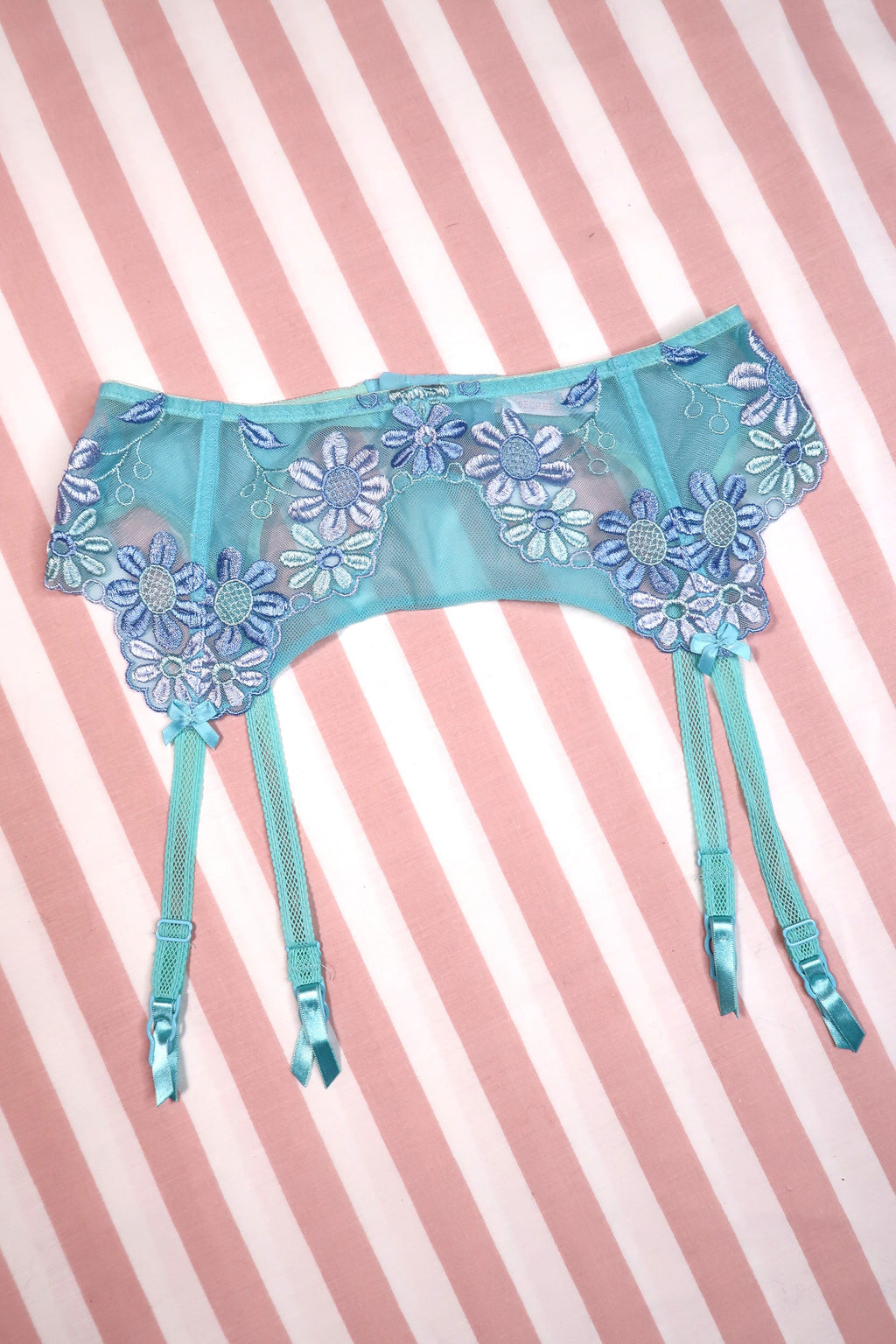 Vintage 2000s Victoria’s Secret aqua blue embroidered floral garter belt and matching satin thong lingerie set by Elektra Vintage