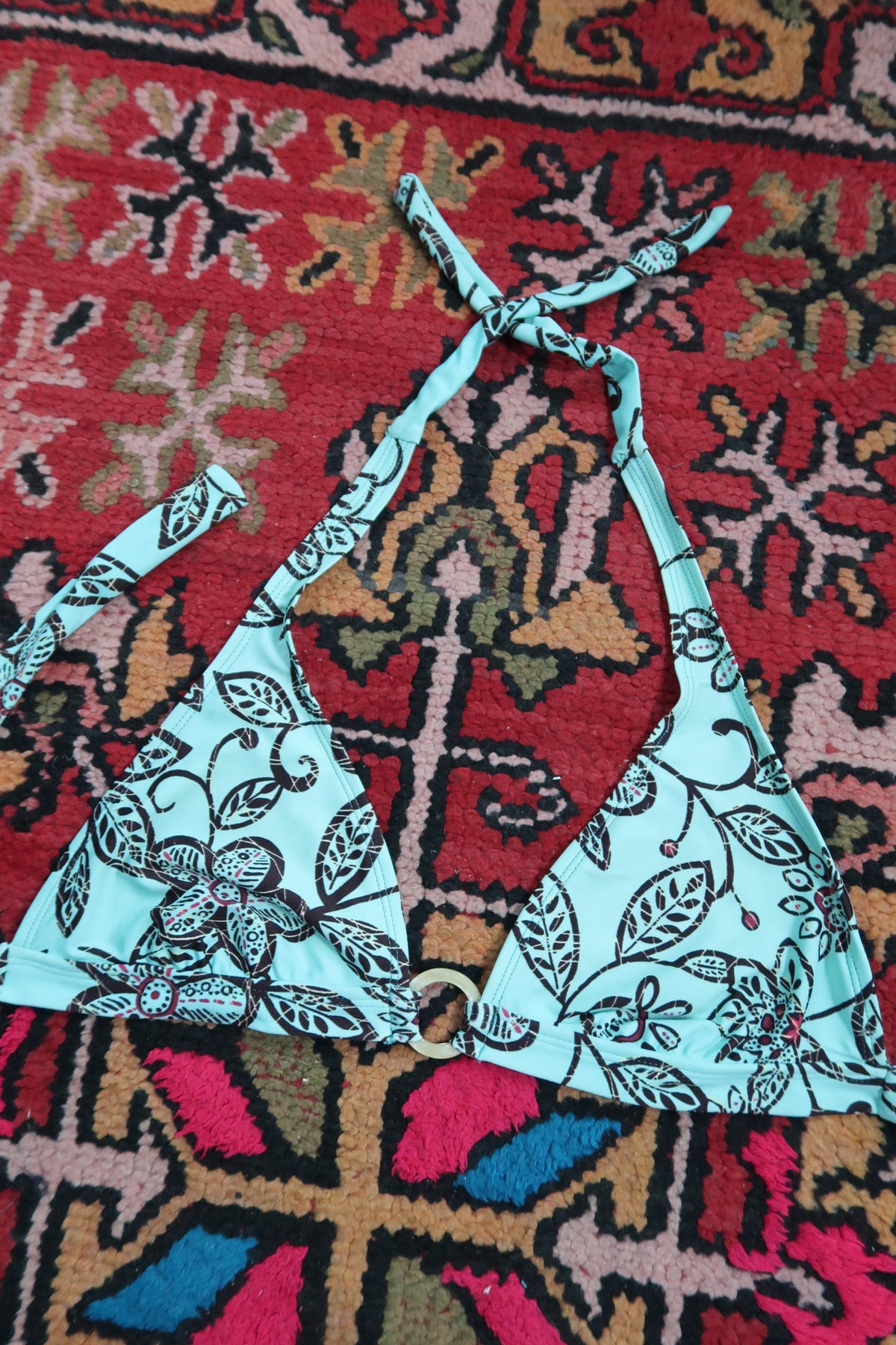 Vintage Y2K Aqua Blue Floral Print Bikini Top