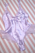 Vintage 2000s Victoria’s Secret lavender satin polka dot bodysuit, women's top by Elektra Vintage with a Y2K lingerie style.