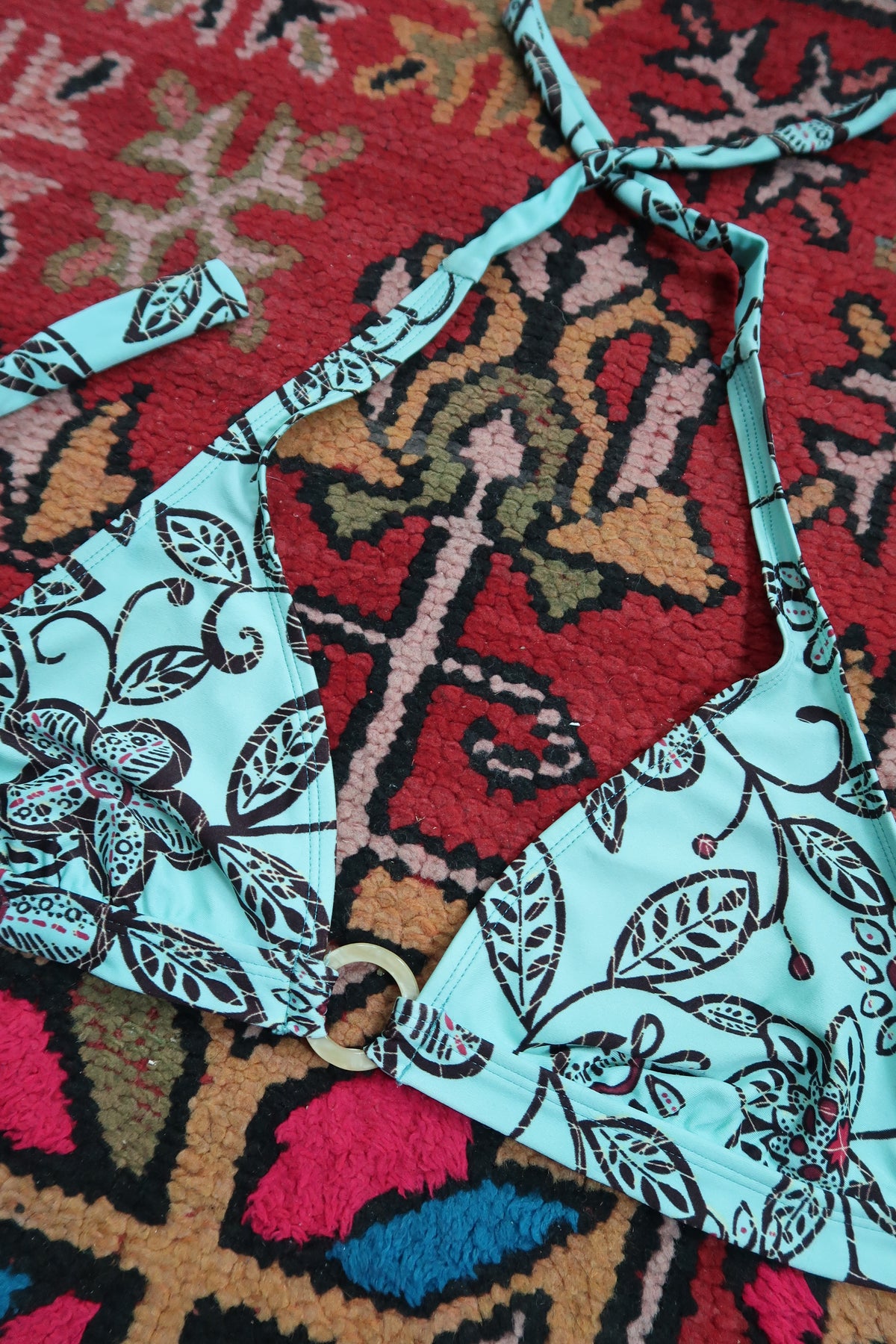 Vintage Y2K Aqua Blue Floral Print Bikini Top