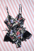 Vintage 1980s Victoria’s Secret Gold Label Dark Floral Satin Teddy Lingerie Bodysuit