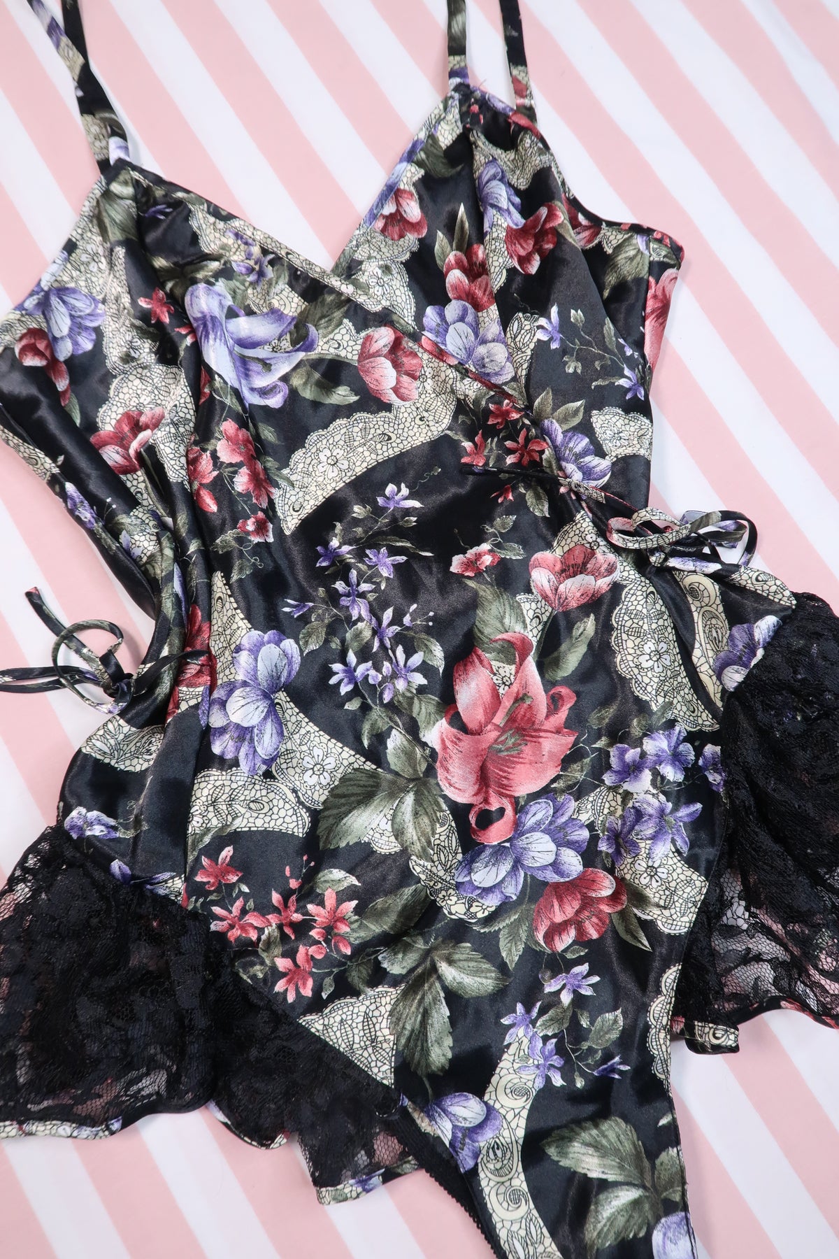 Vintage 1980s Victoria’s Secret Gold Label Dark Floral Satin Teddy Lingerie Bodysuit