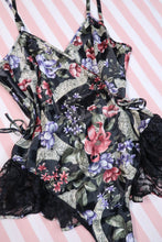 Load image into Gallery viewer, Vintage 1980s Victoria’s Secret Gold Label Dark Floral Satin Teddy Lingerie Bodysuit
