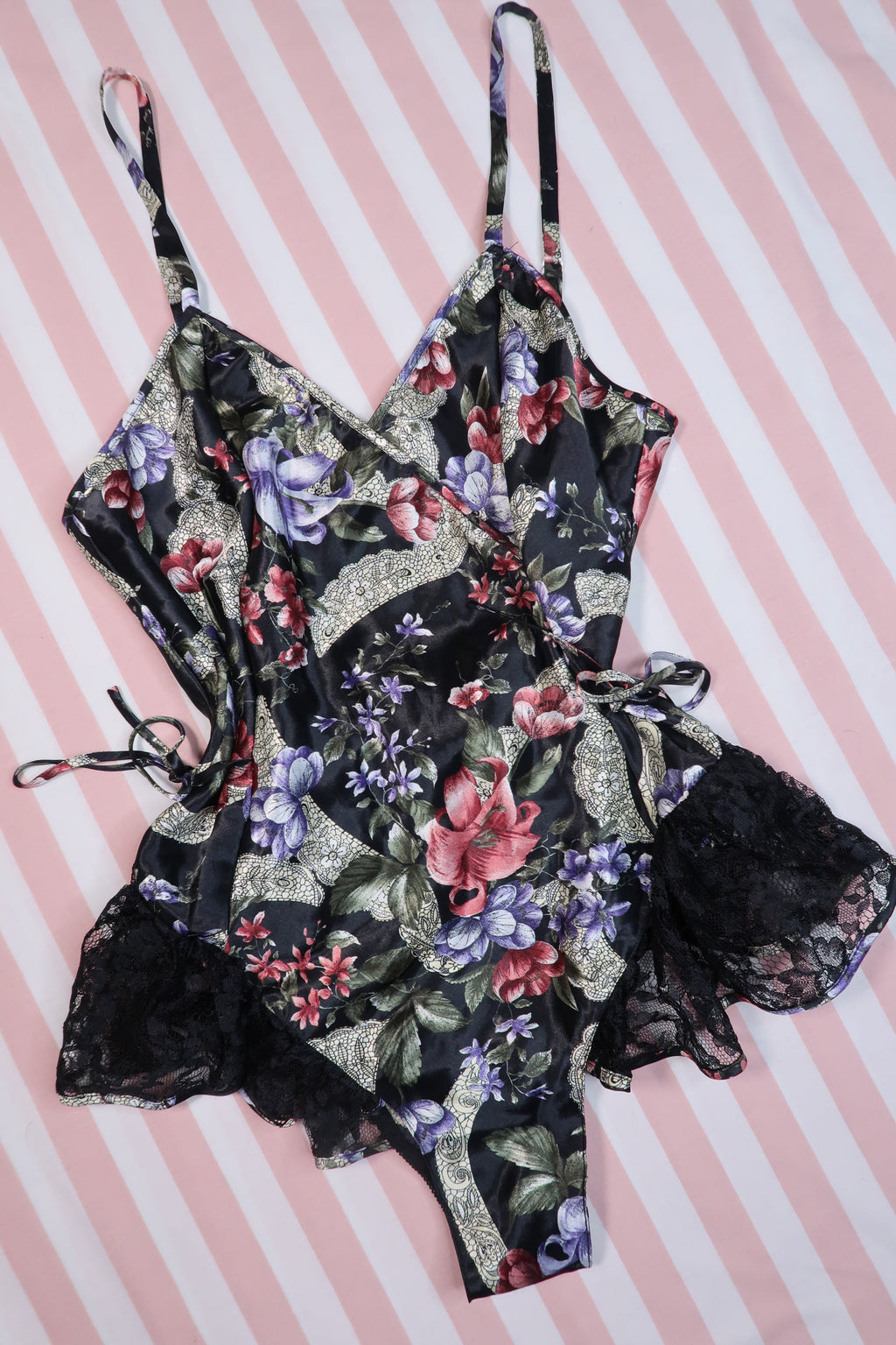 Vintage 1980s Victoria’s Secret Gold Label Dark Floral Satin Teddy Lingerie Bodysuit