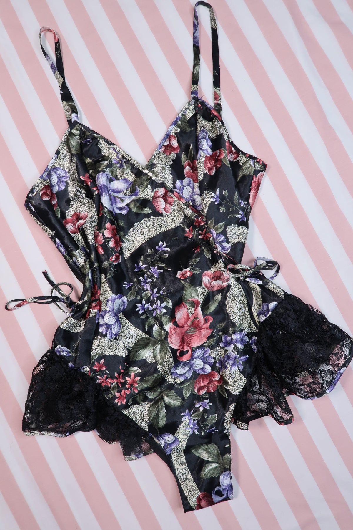 Vintage 1980s Victoria’s Secret Gold Label Dark Floral Satin Teddy Lingerie Bodysuit