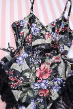 Load image into Gallery viewer, Vintage 1980s Victoria’s Secret Gold Label Dark Floral Satin Teddy Lingerie Bodysuit
