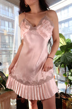 Load image into Gallery viewer, Vintage 80s Gold Label Victoria’s Secret Blush Pink Satin Lace Trim Pleated Hem Slip Dress
