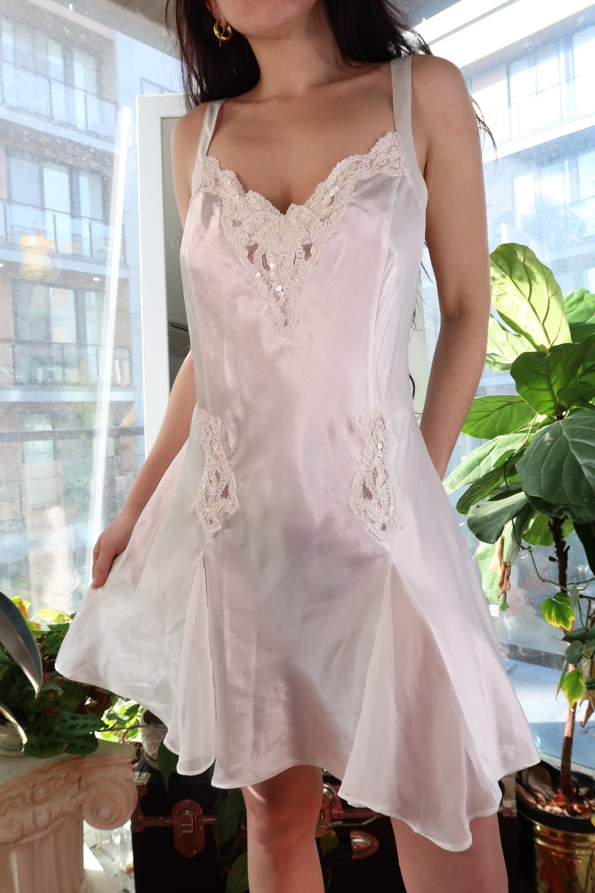 Vintage 90s Victoria’s Secret white satin lace slip dress by Elektra Vintage, featuring delicate lace details and a silky finish.