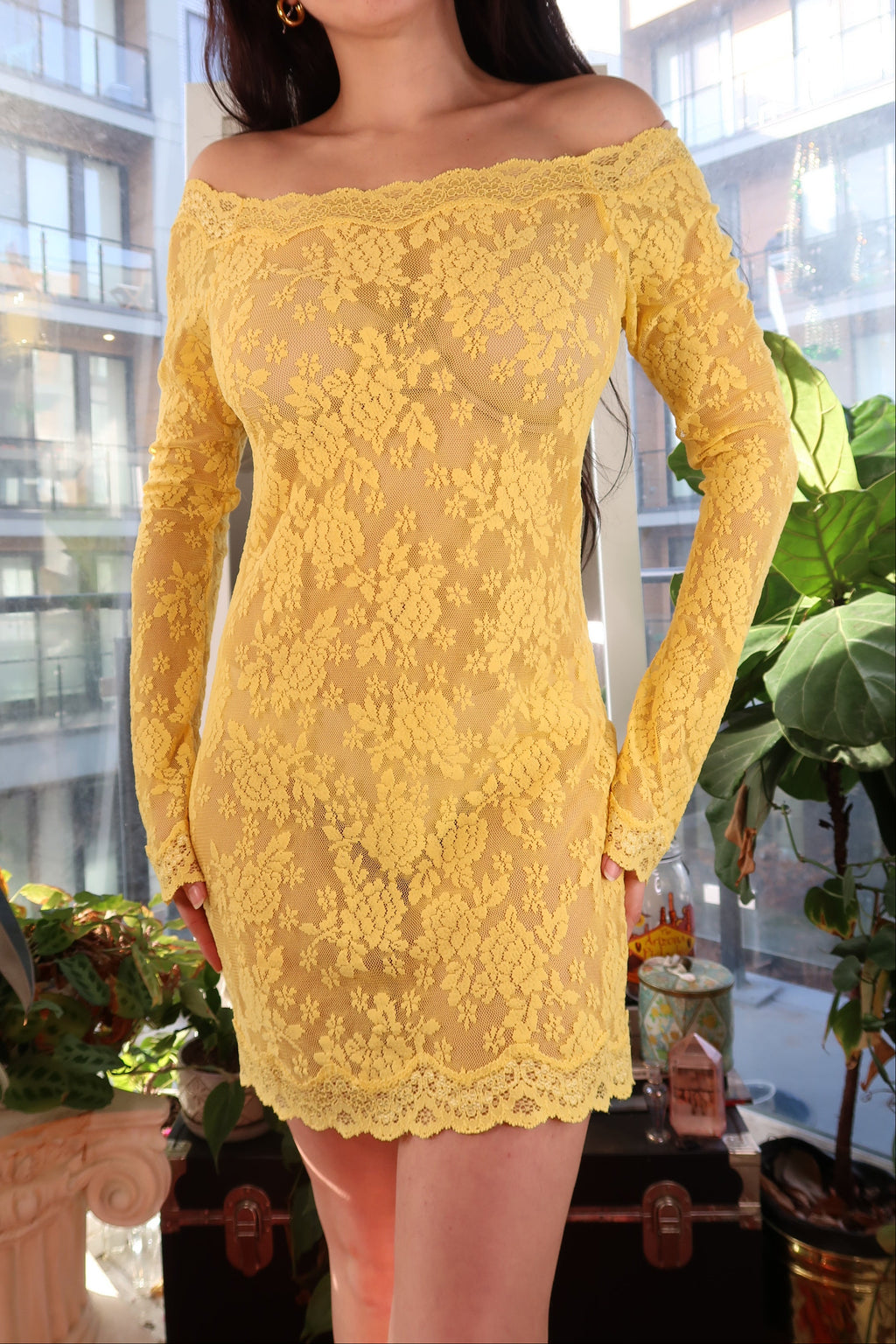 Elektra Vintage yellow lace off shoulder dress with intricate detailing and flowing silhouette, displayed on a mannequin.