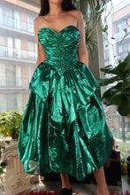 Load image into Gallery viewer, 1980s Vintage Metallic Green Foil Party Dress – Strapless Ruched Peplum Prom Dress
